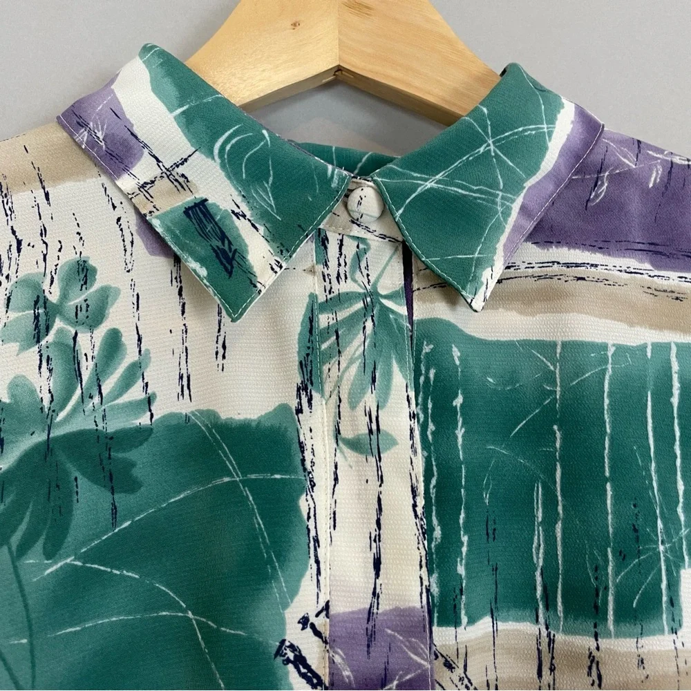 Vintage Blouse Women Abstract Tropical Polo Long Sleeve‎ Collar Shirred Smocked
